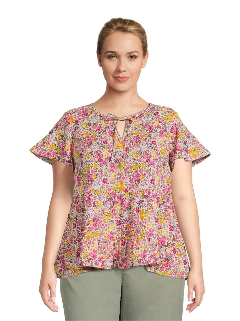 Terra & Sky Pink Floral Tie-Front Flutter Sleeve Blouse